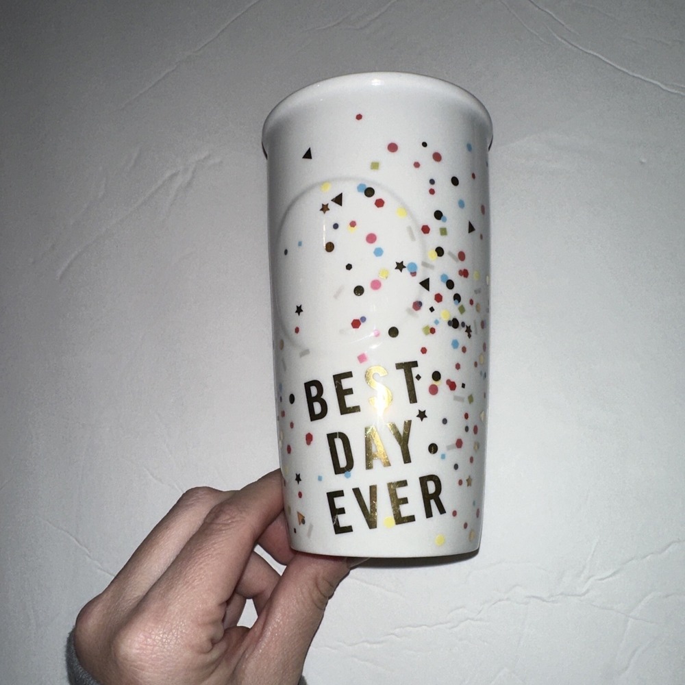 Starbucks 2015 Best Day Ever Confetti Ceramic Travel Tumbler Mug 10oz No Lid